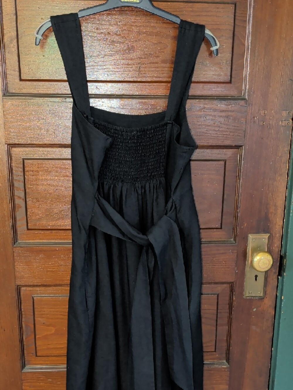Linen Black Square-Neck Midi Milk Maid Dress Pockets Smocked Bow Pilcro L - Picture 5 of 12